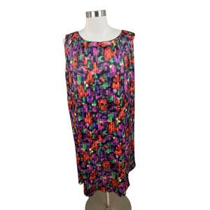 Vintage Tergal Paris France Watercolor Floral Pleated Shift Dress L Art to Wear